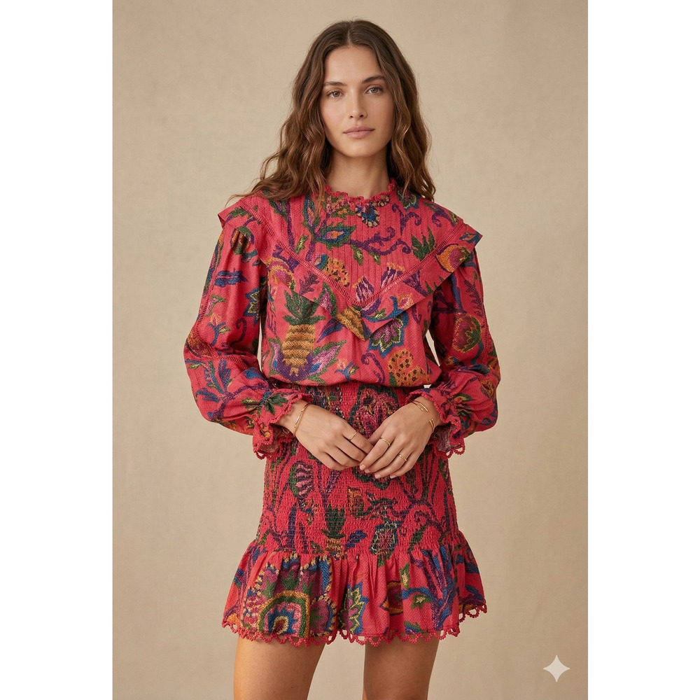 Farm Rio Red Sunset Tapestry Smocked Pink Mini Dress Large Reg $230 NWT